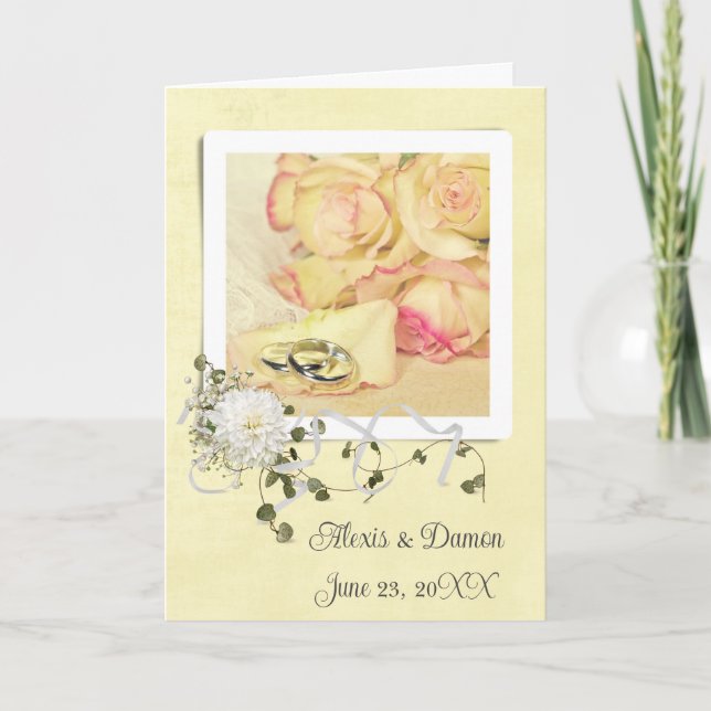 Wedding Rings On Rose Petal With Names Card (Front)