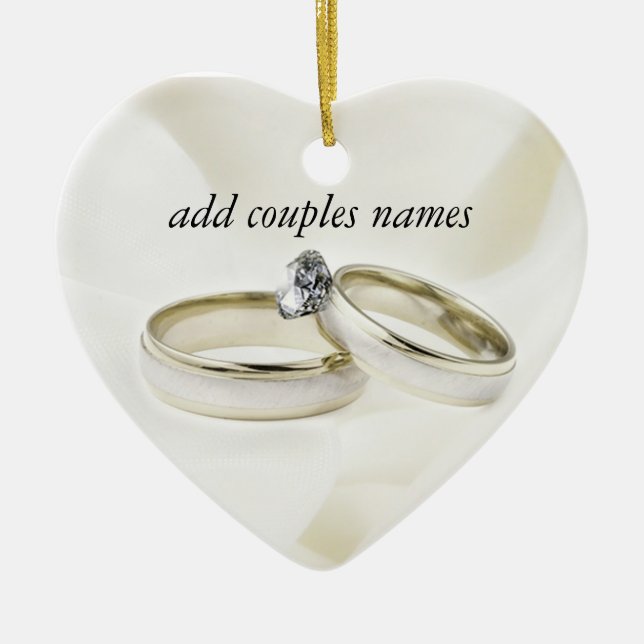 Wedding Rings on Satin Ceramic Tree Decoration (Front)