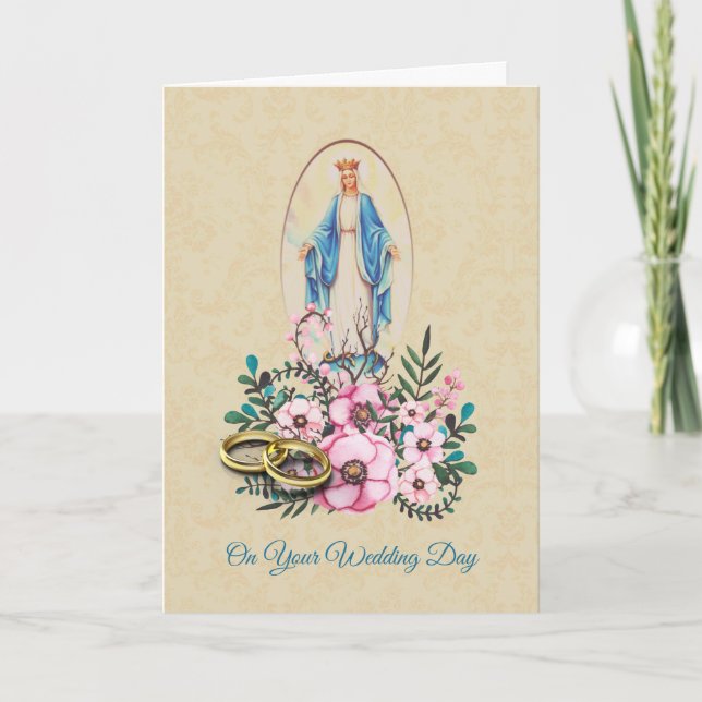 Wedding Rings Virgin Mother Mary with Flowers Card (Front)