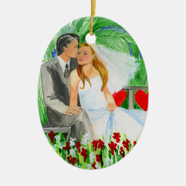 Wedding Romantic Bride and Groom in Garden Ceramic Tree Decoration (Front)