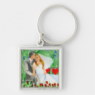 Wedding Romantic Bride and Groom in Garden Key Ring