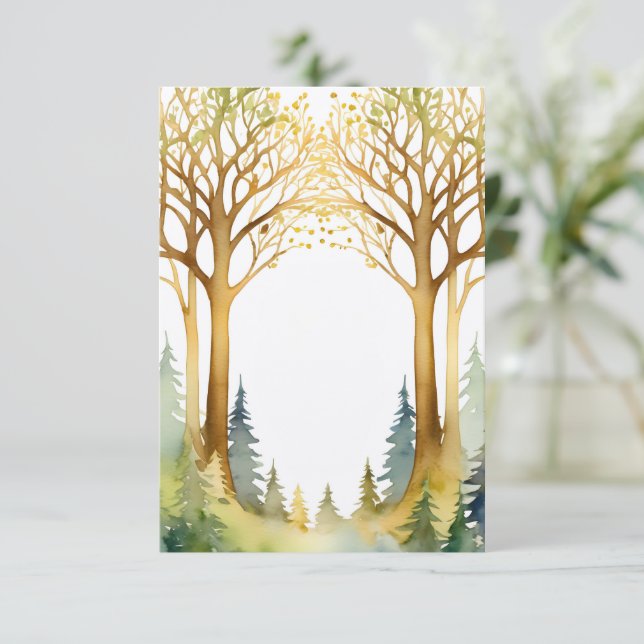 wedding romantic entrance frame forest gold green invitation (Standing Front)