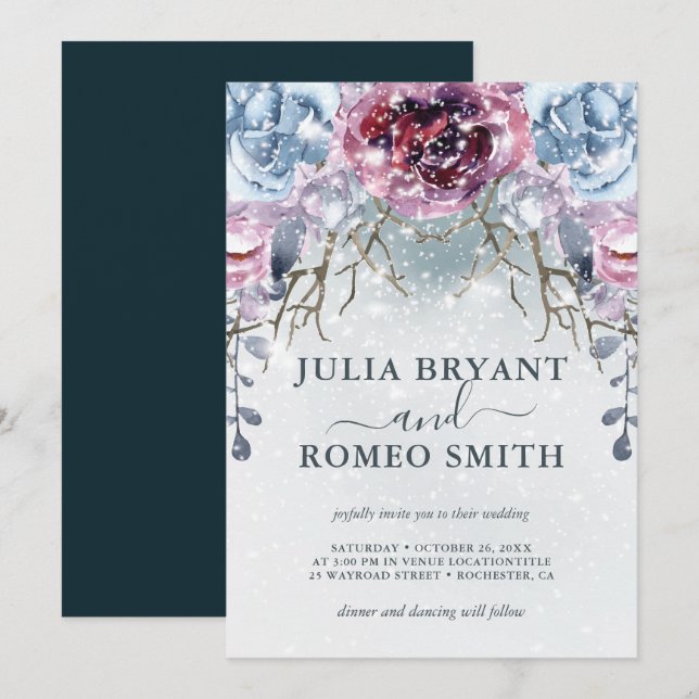 Wedding Romantic Winter Floral Snow Invitation (Front/Back)