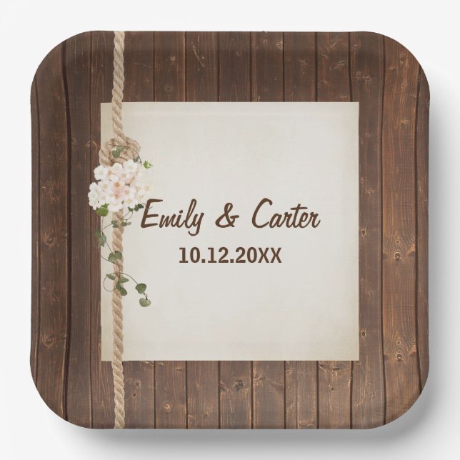Wedding Rope Knot And Hydreangea On Wood  Paper Plate (Front)