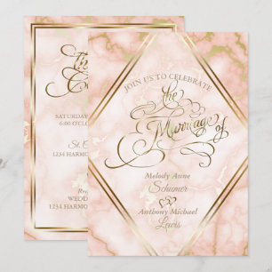 Wedding Rose and Gold Marble Ornate Calligraphy Invitation