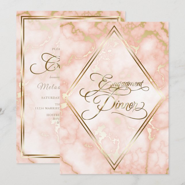 Wedding Rose and Gold Marble Ornate Calligraphy Invitation (Front/Back)