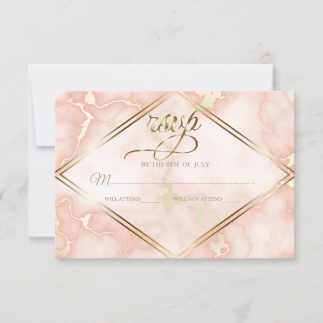 Wedding Rose and Gold Marble Ornate Calligraphy RSVP Card (Front)