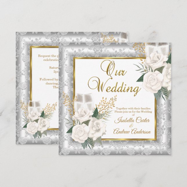 Wedding Rose Champagne Gold Silver Damask Invitation (Front/Back)