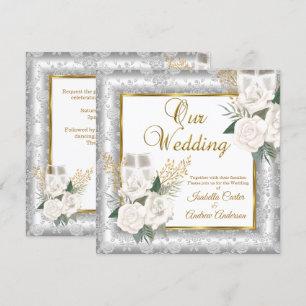 Wedding Rose Champagne Gold Silver Damask Invitation
