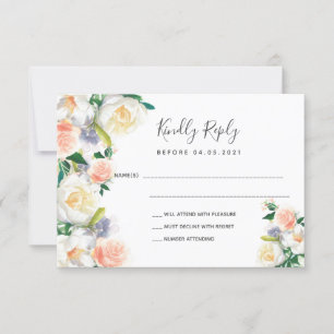 Wedding rose gold blush florals white RSVP Card