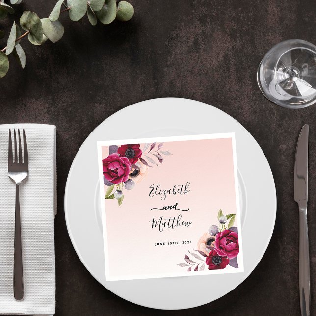Wedding rose gold blush pink florals burgundy napkin (Creator Uploaded)
