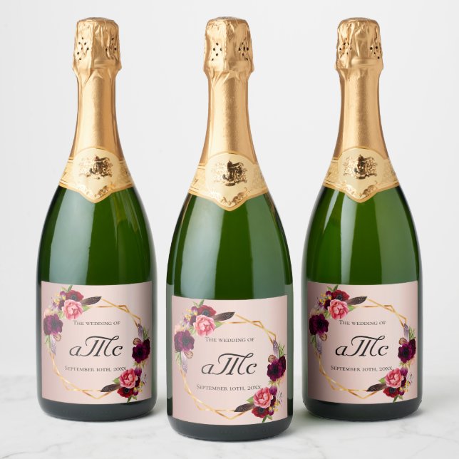Wedding rose gold burgundy floral geo monogram sparkling wine label (Bottles)