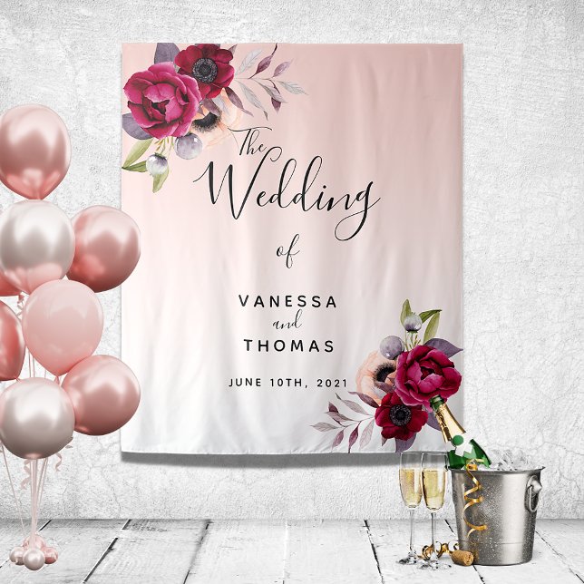 Wedding rose gold burgundy florals photo backdrop tapestry (Creator Uploaded)