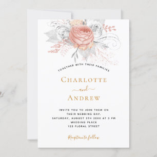 Wedding rose gold floral elegant silver invitation