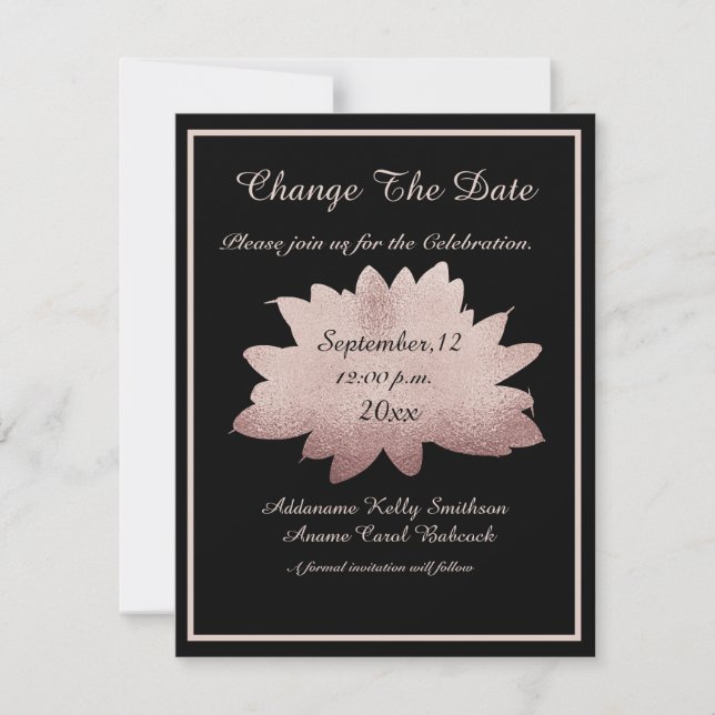 Wedding Rose Gold Floral Modern Black Change / Save The Date (Front)