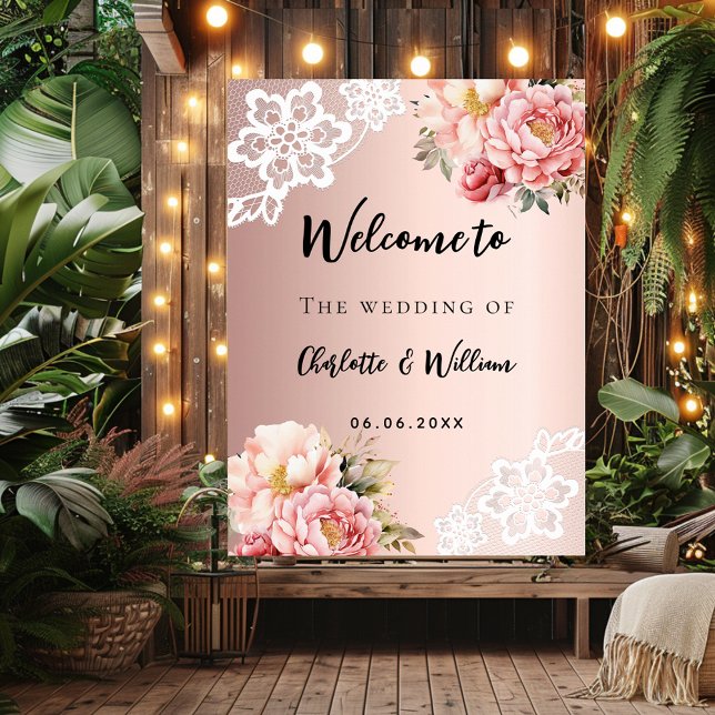 Wedding rose gold florals lace welcome sign (Creator Uploaded)