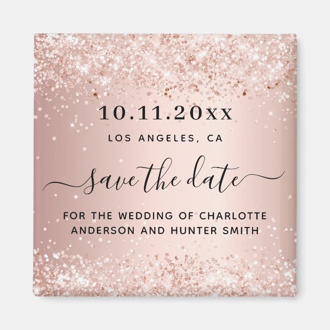Wedding rose gold glitter save the date magnet (Front)