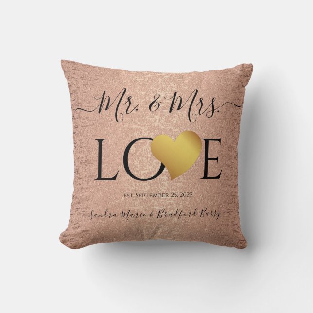Wedding Rose Gold Heart Script Name Mr. and Mrs. Cushion (Front)