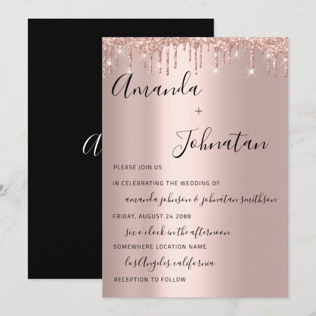 Wedding Rose Gold Monogram Drips Black White Invitation (Front/Back)
