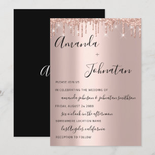 Wedding Rose Gold Monogram Drips Black White Invitation