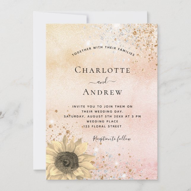 Wedding rose gold rustic sunflower glitter dust invitation (Front)
