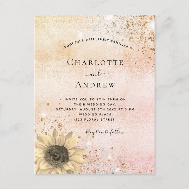 Wedding rose gold rustic sunflower glitter dust invitation postcard (Front)