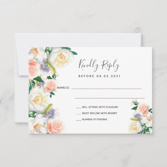 Wedding rose gold white florals RSVP (Front)