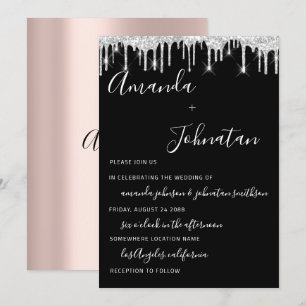 Wedding Rose Monogram Black Silver Drips Invitation