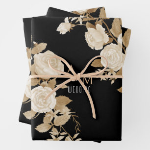 Wedding Rose Monogram Black Wrapping Paper Sheet