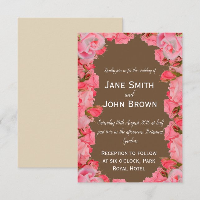 Wedding roses country floral and brown rustic invitation (Front/Back)