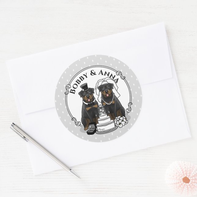 Wedding Rottweilers Bride and Groom Dogs Cute Classic Round Sticker (Envelope)