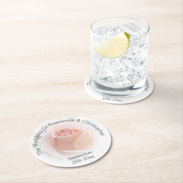 Wedding Round Paper Coaster Peach Pink Rosebud (Insitu)