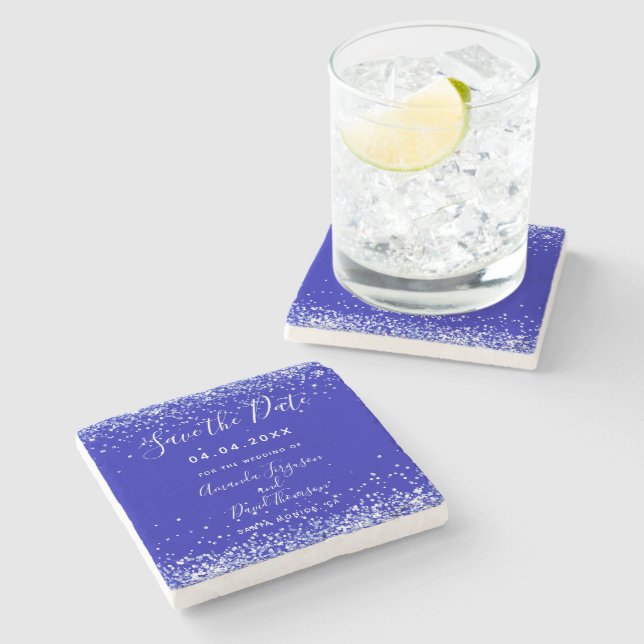 Wedding royal blue glitter Save the Date Stone Coaster (Side)