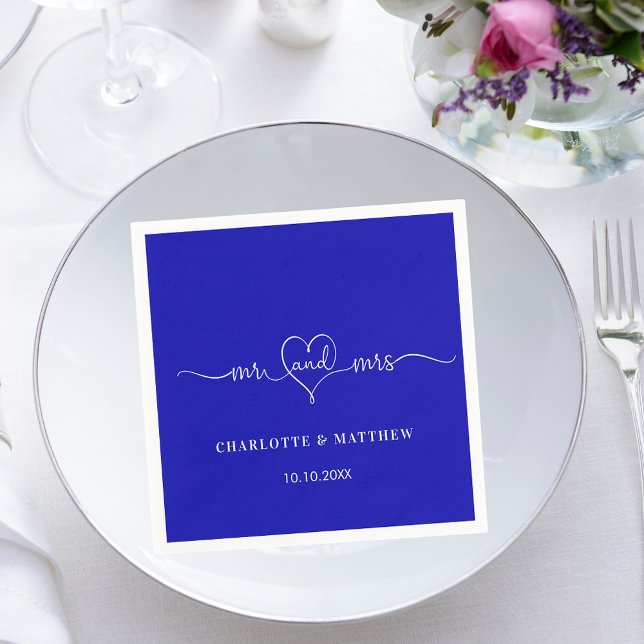 Wedding royal blue mr mrs heart script simple napkin (Creator Uploaded)