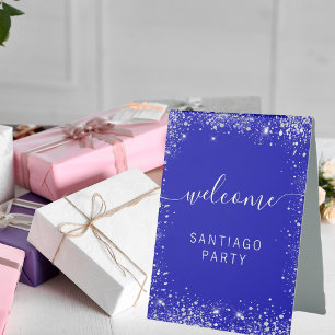 Wedding royal blue silver name script welcome