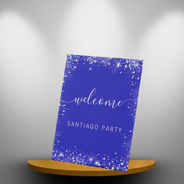 Wedding royal blue silver name script welcome pedestal sign (Creator Uploaded)