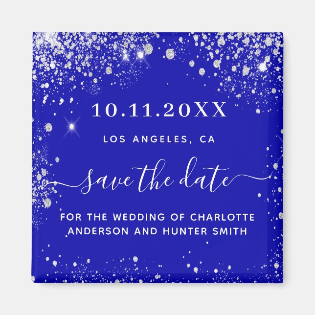 Wedding royal blue silver save the date magnet (Front)