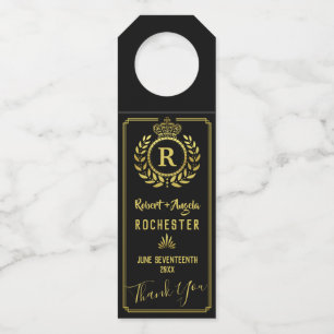 Wedding Royal Crown Laurel Wreath Gold Black Bottle Tag
