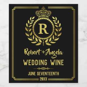 Wedding Royal Crown Laurel Wreath Gold Black Wine Label
