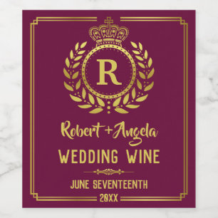 Wedding Royal Crown Laurel Wreath Gold Burgundy Wine Label