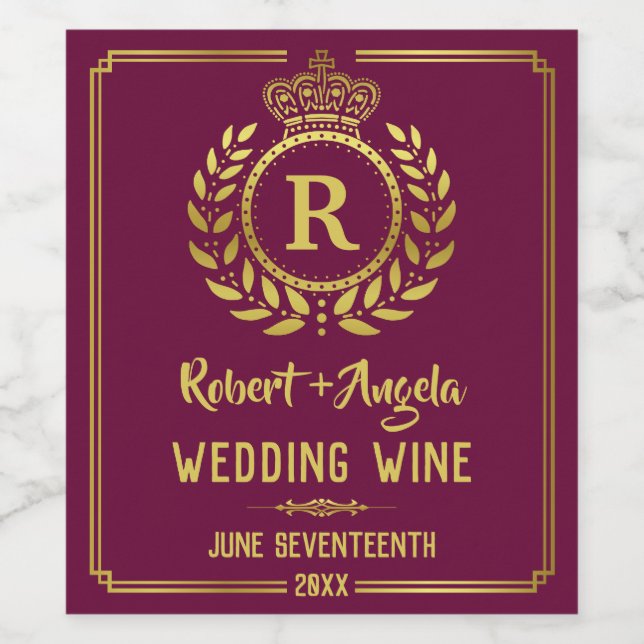 Wedding Royal Crown Laurel Wreath Gold Burgundy Wine Label (Single Label)