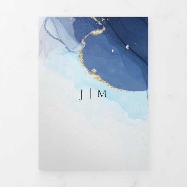 Wedding Rsvp aqua ombre blue gold Tri-Fold Card (Cover)