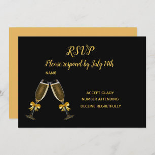 Wedding RSVP black and gold champagne glasses Invitation