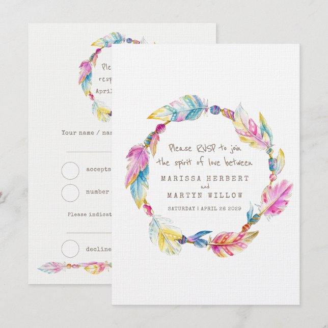 Wedding RSVP boho feather native tribal wreath Invitation (Front/Back)