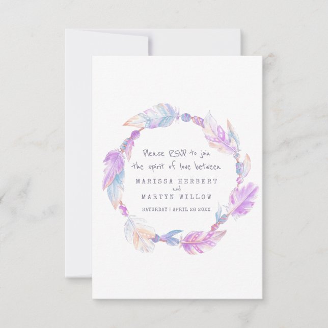Wedding RSVP boho feather purple tribal wreath Card (Front)