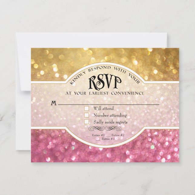 Wedding RSVP Bokeh Movie Ticket Style Gold Pink (Front)