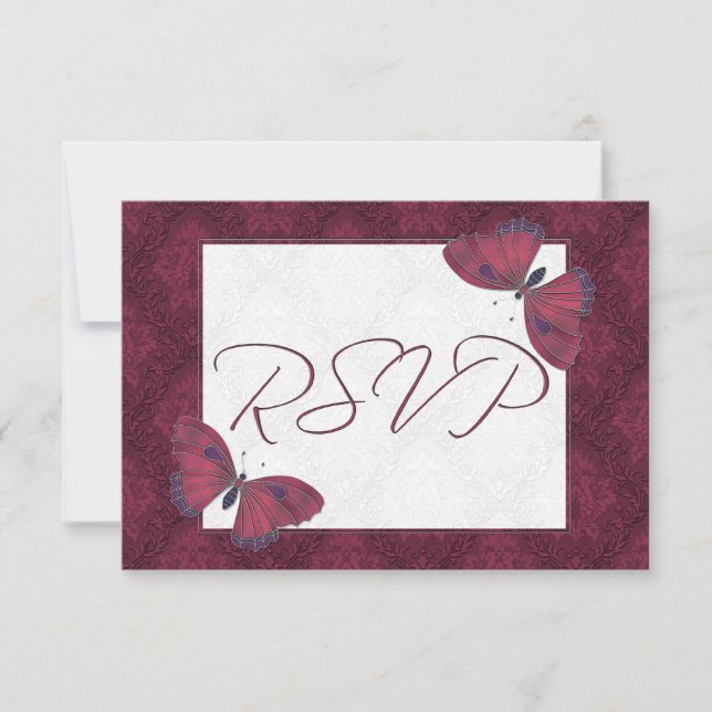 Wedding RSVP Butterfly Brocade red Card (Front)