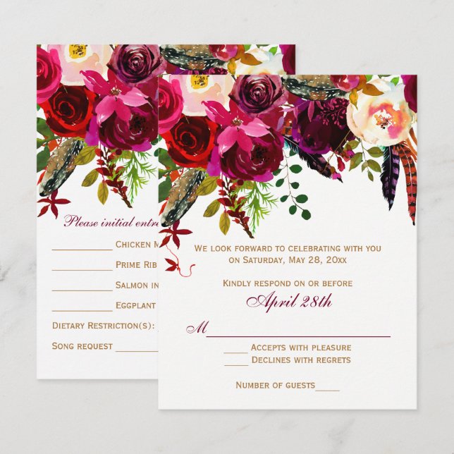Wedding RSVP Card 2 (MEALS) - Floral, Feathers (Front/Back)