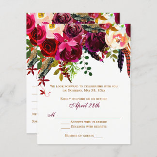 Wedding RSVP Card 2 (MEALS) - Floral, Feathers