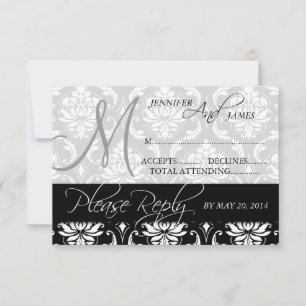 Wedding RSVP Card Black Damask Monogram Names